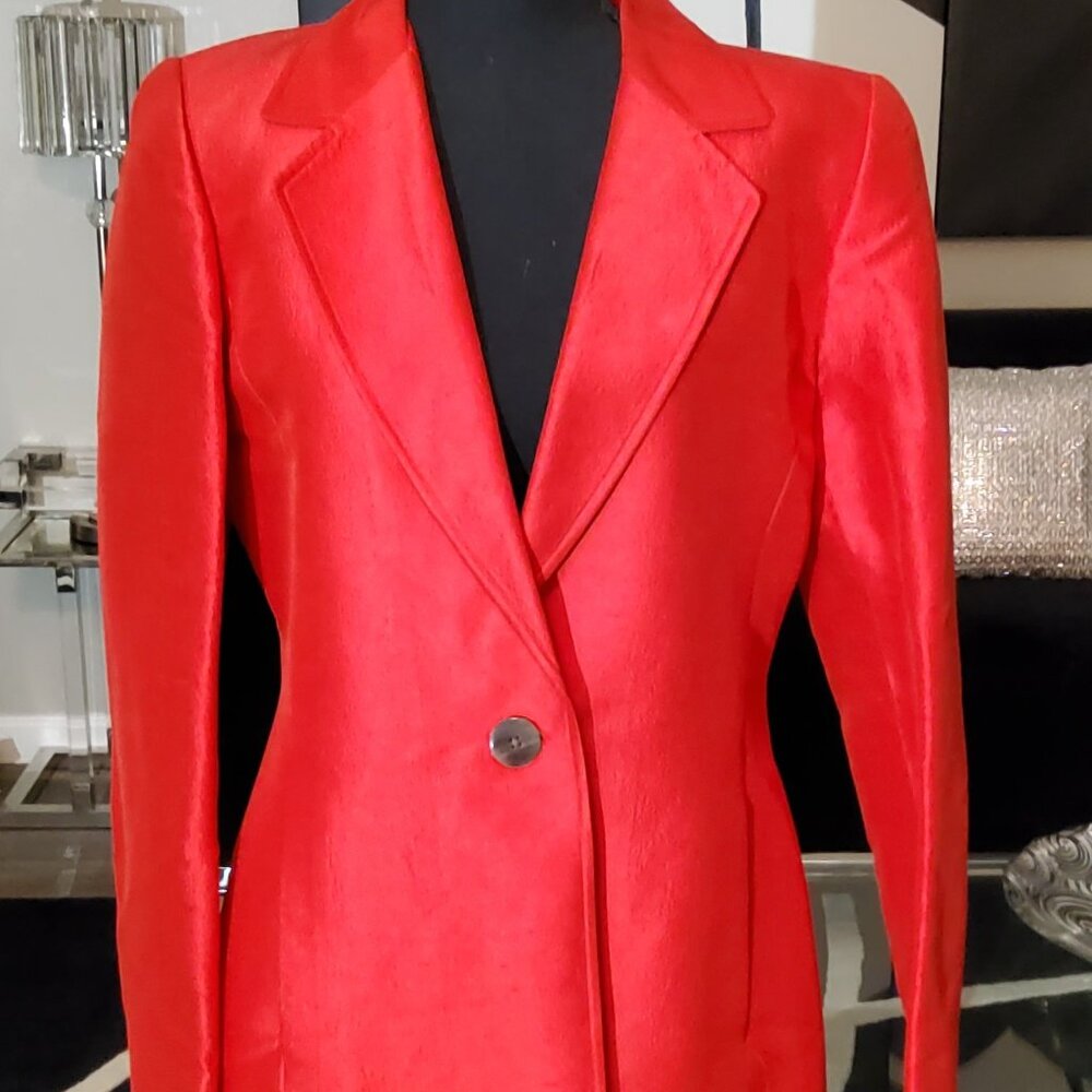 LINDA ALLARD ELLEN TRACY 100% SILK RED MID LENGTH JACKET SIZE 6